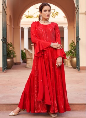 Magnificent Chinon Embroidered Red Long Length Salwar Suit
