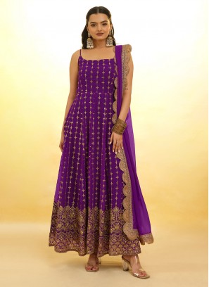 Magnificent Embroidered Georgette Purple Designer Salwar Suit