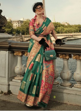 Magnificent Handloom silk Green Weaving Saree