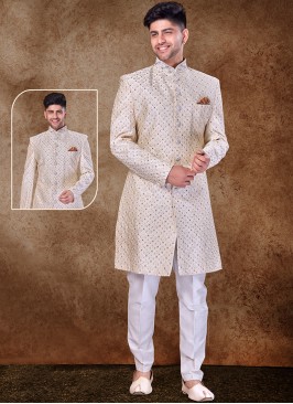 Majestic Cream and Off white Art Silk Sherwani with Trouser Style Bottom