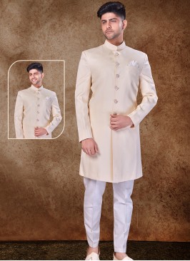 Majestic Cream and Off White Imported Sherwani with Trouser Style Bottom