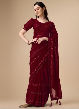 Majesty Embroidered Maroon Georgette Classic Desig