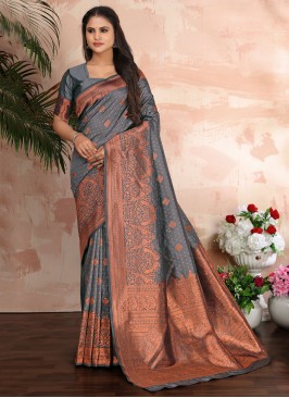 Majesty Grey Banarasi Silk Classic Saree