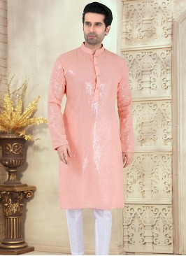 Peach and Off-White Georgette Kurta Pajama Set with Sequence Work.