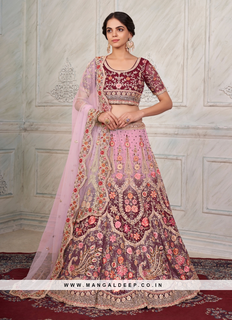 Buy Peony Pink and Maroon Imperial Patterned Bridal Lehenga Online in the  USA @Mohey - Lehenga for Women