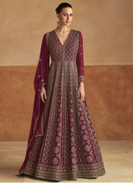 Maroon and Rani Embroidered Floor Length Gown