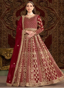 Maroon and Rani Embroidered Net Floor Length Gown