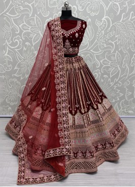 Maroon and Red Bridal Velvet Trendy Lehenga Choli