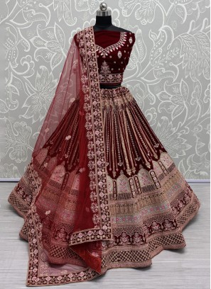 Maroon and Red Bridal Velvet Trendy Lehenga Choli