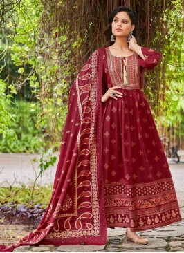 Maroon Ceremonial Rayon Trendy Gown