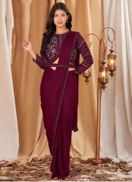 Maroon Chinon Party Traditional Saree