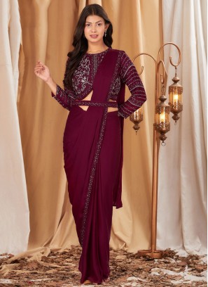 Maroon Chinon Party Traditional Saree