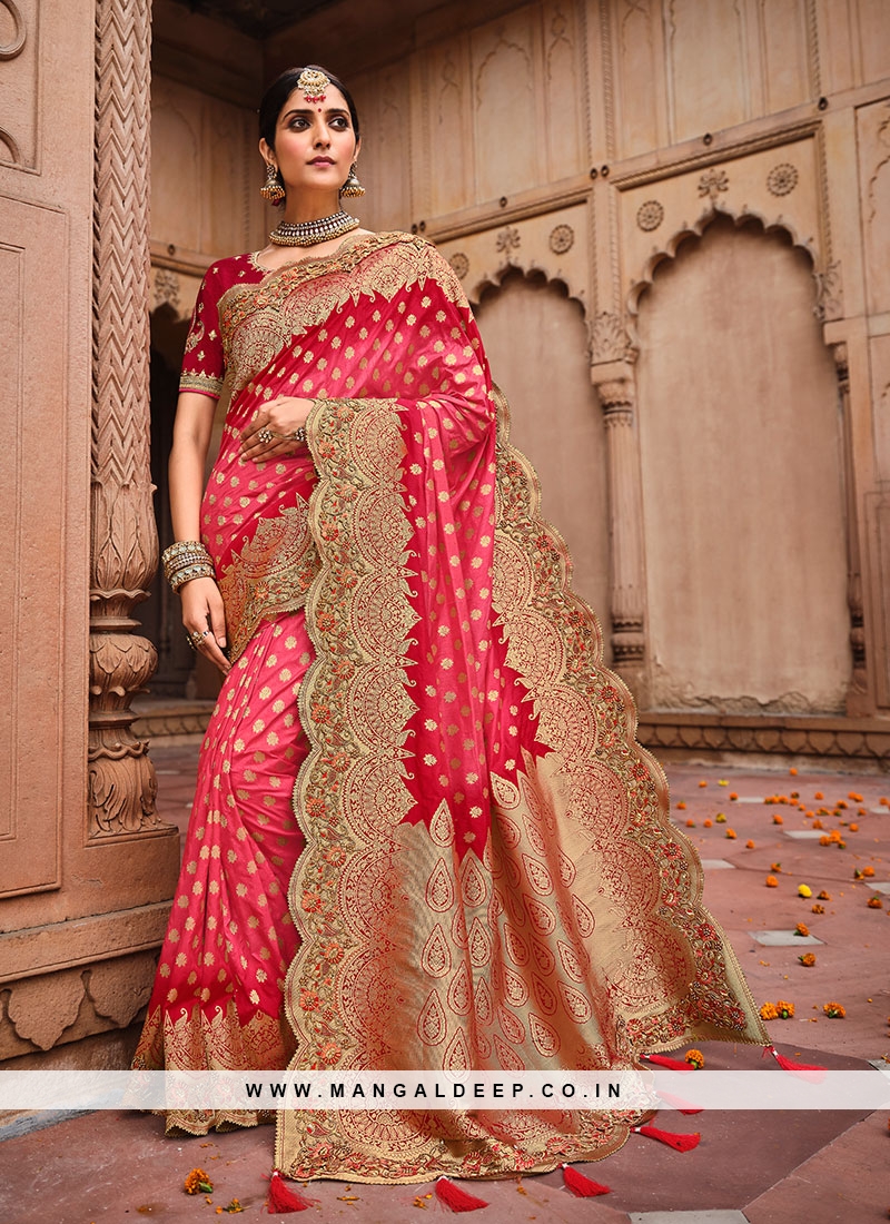 Buy Saree | Maroon Golden Embroidered Wedding Saree At Hatkay