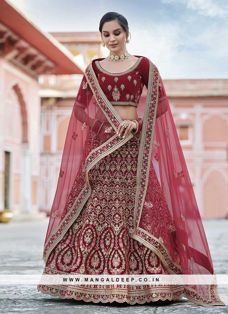 Buy Glamorous Maroon Embroidered Work Velvet Bridal Wear Lehenga Choli -  Zeel Clothing