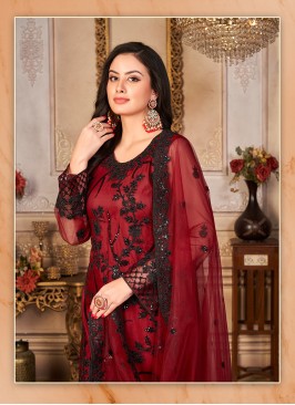 Maroon Color Embroidered Work Net Semi Stitched Su