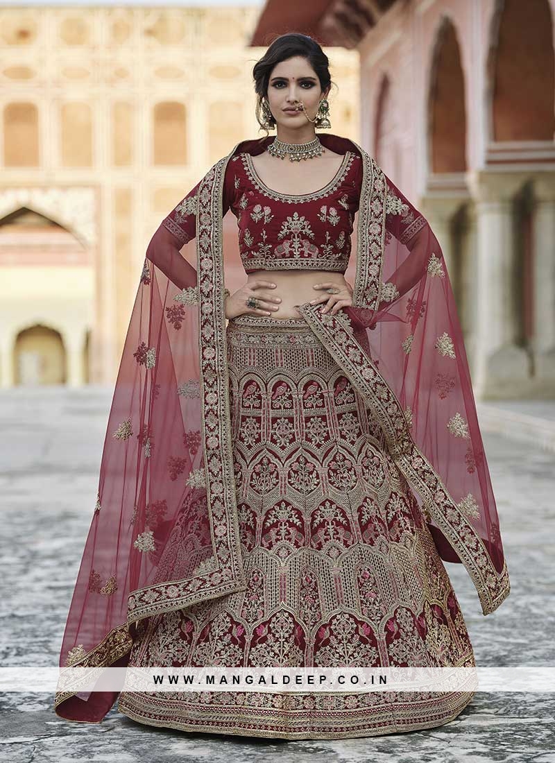 Buy Maroon Mesh Net Nisha Gulbahar Embellished Bridal Lehenga Set For Women  by Aurouss Online at Aza Fashions.