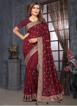 Maroon Embroidered Festival Contemporary Saree