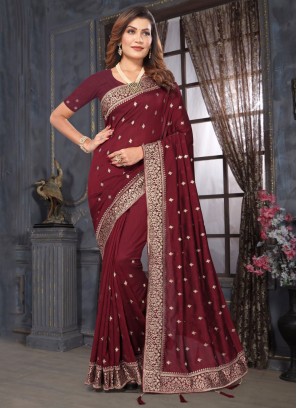 Maroon Embroidered Festival Contemporary Saree