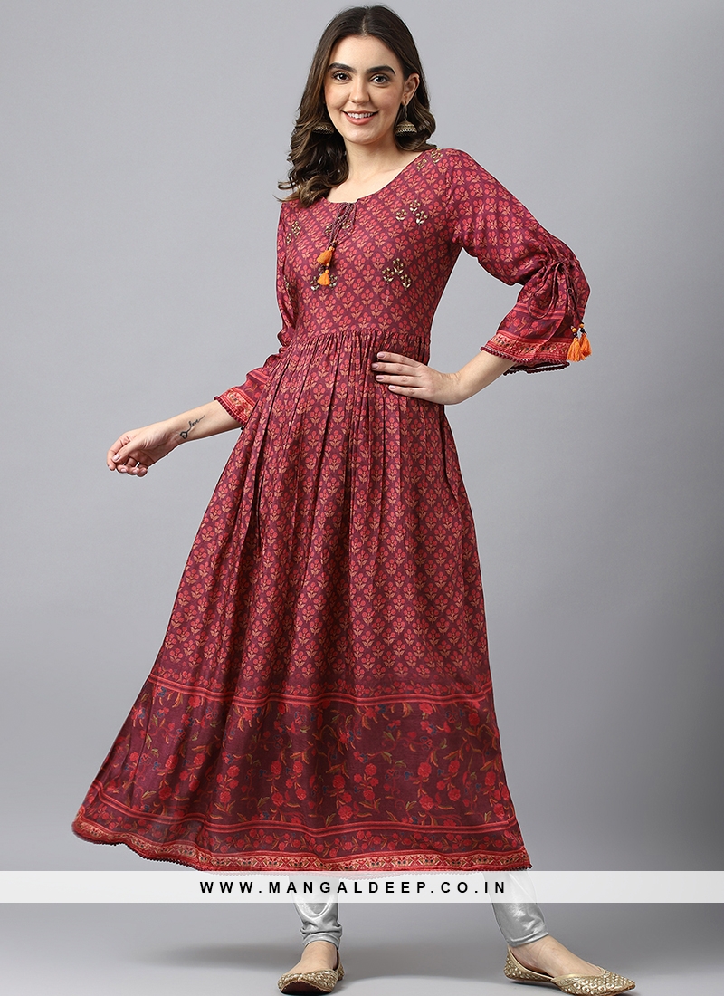 Maroon Casual Wear Printed Cotton Dress