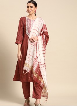 Maroon Poly Cotton Embroidered Kurta with Trouser 