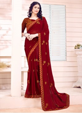 Maroon  Printed Georgette Saree With Blouse