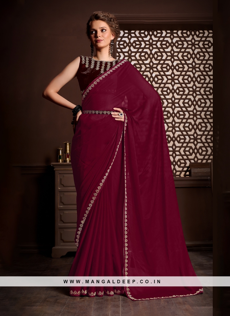 Buy Akhilam Women Georgette Maroon Embellished Designer Saree With  Unstitched Blouse Piece online