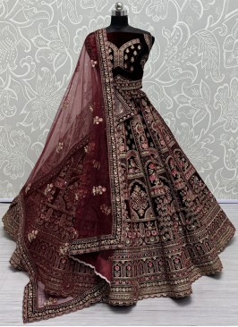 Maroon Velvet Bridal Designer Lehenga Choli