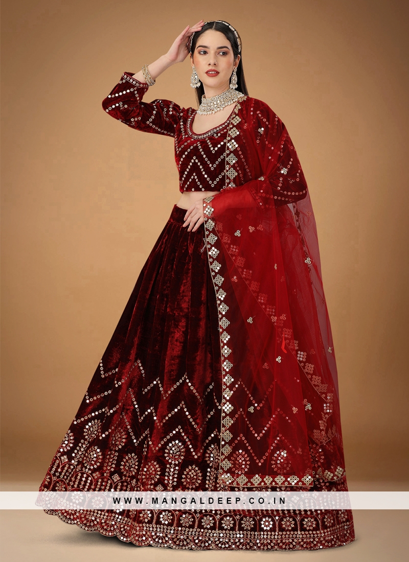Wedding Wear Velvet Fabric Designer Maroon Color Thread Embroidered  Astounding Bridal Lehenga