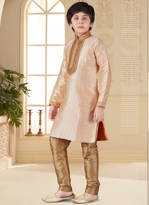 Peach Jaquard Indo Western Suit for Boys.