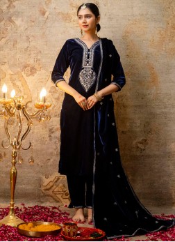 Marvelous Navy Blue Velvet Trendy Salwar Kameez