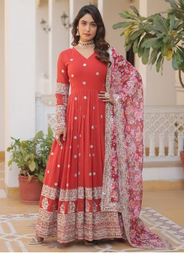 Masterly Faux Georgette Red Embroidered Gown 