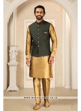 Men's Bottle Green & Gold Ethnic Motifs Kurta with Pyjamas & Nehru Jacket