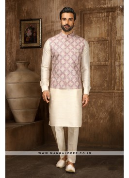 Men's Onion & Cream Digital Printed Thread Work Kurta with Pyjamas & Nehru Jacket