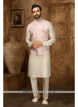 Men's Pink & Cream Digital Printed Thread Work Kurta with Pyjamas & Nehru Jacket