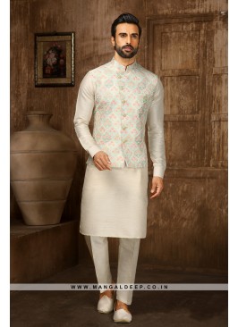 Men's Pista Green & Cream Digital Printed Thread Work Kurta with Pyjamas & Nehru Jacket