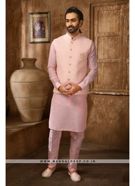 Men's Pink Ethnic Motifs Kurta with Pyjamas & Nehr