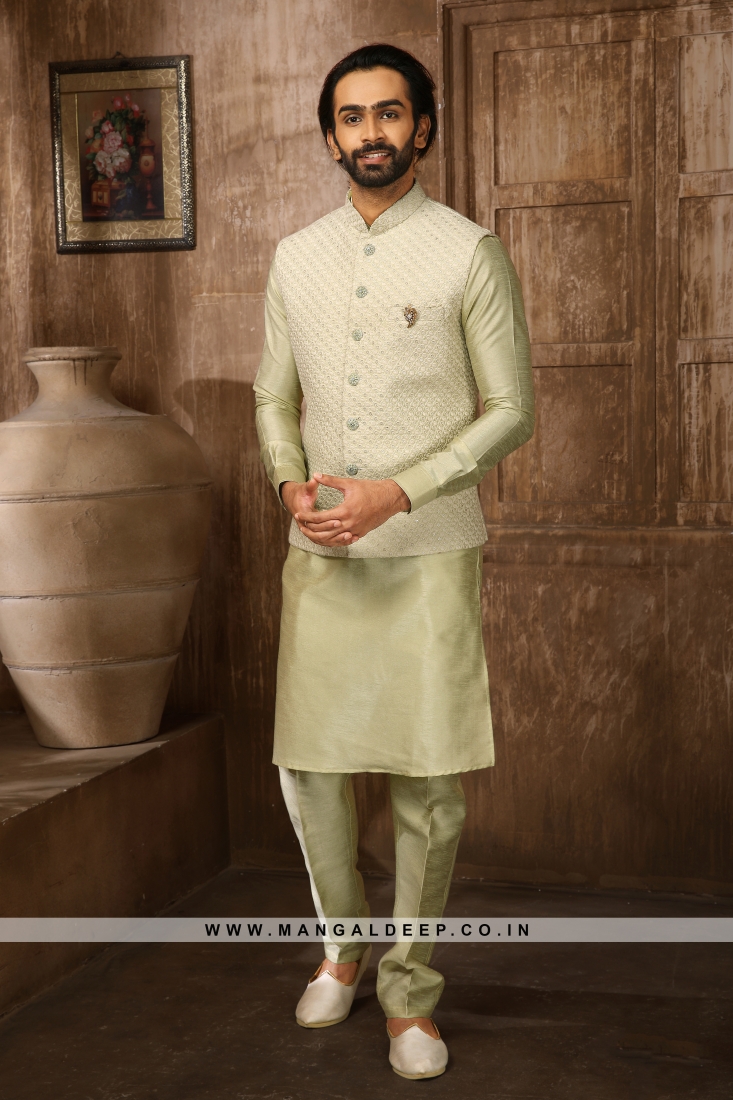 Pista Color Suiting Fabric Mens Kurta Set With Waistcoat, Nehru Jacket,  Modi Jacket, Designer Half Jodhpuri Jacket With Kurta Pajama - Etsy