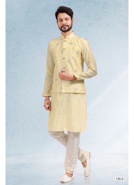 Men's Yellow Ethnic Motifs Kurta & Pyjamas With Nehru Jacket