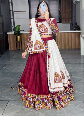 Mesmeric Maroon and Off White Thread Cotton Designer Lehenga Choli