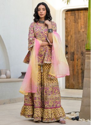 Mesmeric Yellow Print Cotton Trendy Palazzo Salwar Kameez