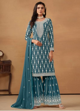 Mesmerizing Faux Georgette Embroidered Teal Palazz