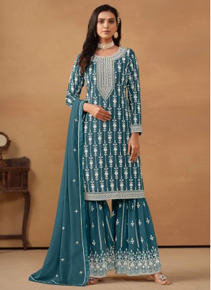 Mesmerizing Faux Georgette Embroidered Teal Palazzo Salwar Kameez