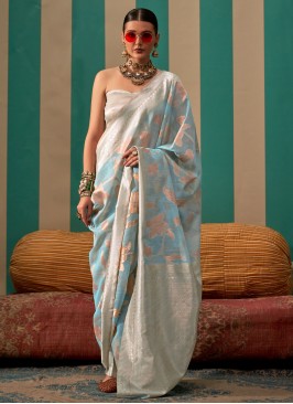 Mesmerizing Weaving Linen Aqua Blue Designer Saree