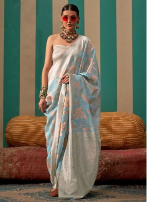 Mesmerizing Weaving Linen Aqua Blue Designer Saree