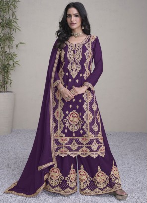 Miraculous Buttons Purple Chinon Designer Salwar Kameez