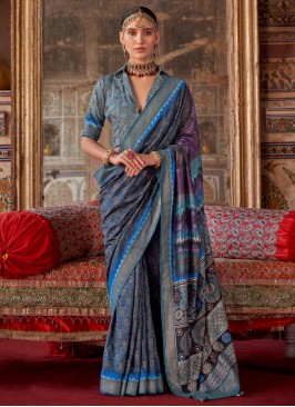 Miraculous Printed Silk Blue Contemporary Saree