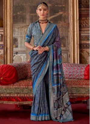 Miraculous Printed Silk Blue Contemporary Saree