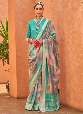 Miraculous Turquoise Foil Print Silk Classic Saree