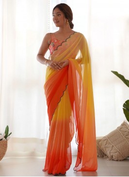 Modernistic Cutwork Orange and Yellow Contemporary Saree