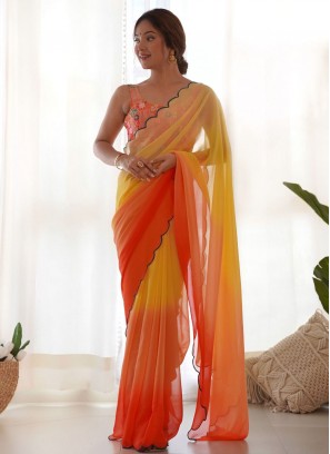 Modernistic Cutwork Orange and Yellow Contemporary Saree